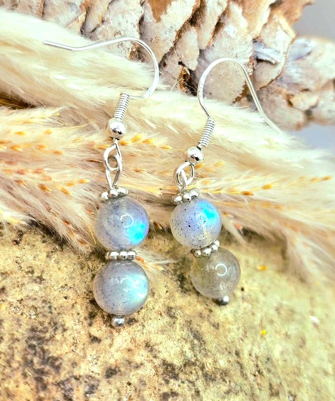 Natural labradorite flashy double round beads 925 dangle crystal earring — My Aura Gemstones