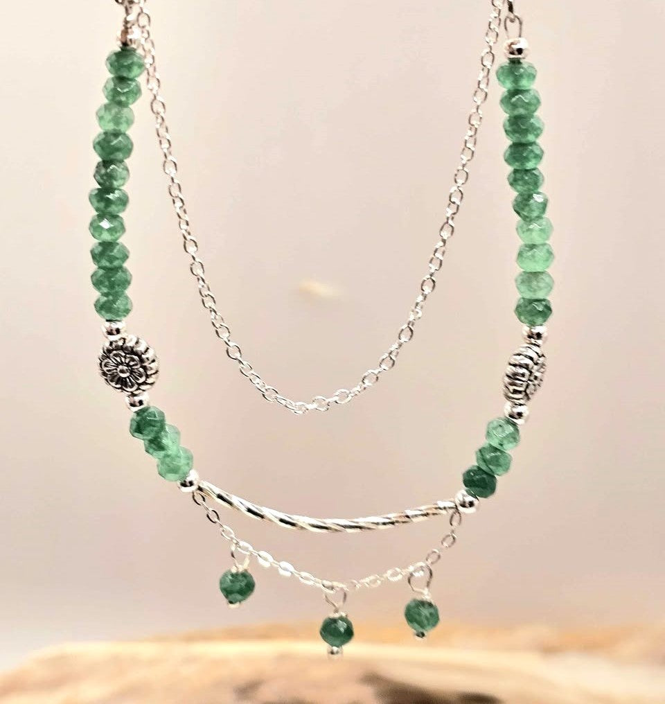 Handmade Strawberry Quartz Necklace – Faceted Flashy Gemstone with Multi‑Chain Drop Design
