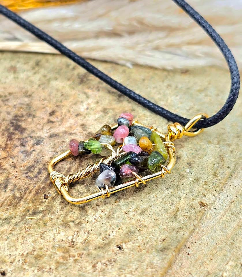 Hand‑crafted tourmaline crystal tree pendant with mixed‑color gemstone chips in a gold‑tone frame - My Aura Gemstones