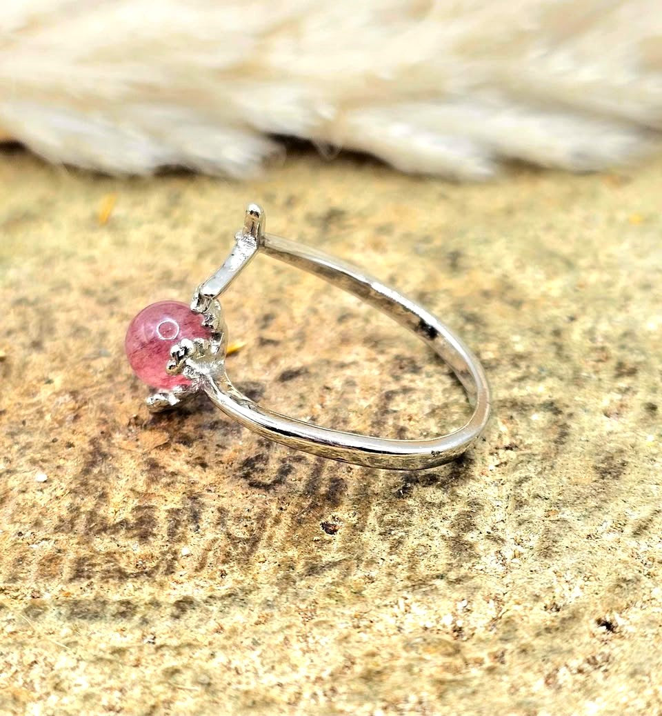 Natural strawberry quartz sphere ring with silver‑tone mermaid tail open band-My Aura Gemstones