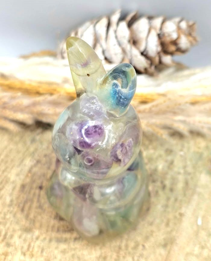 Natural Fluorite Crystal chips blessing rabbit crystal decor figure gift top view — My Aura Gemstones