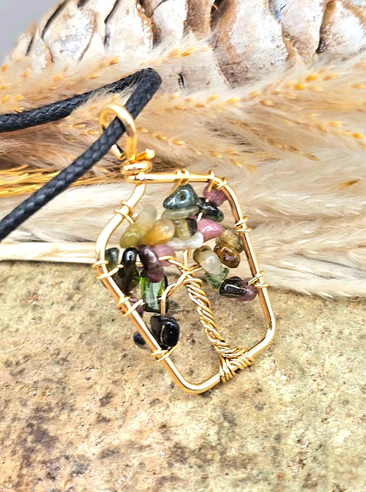 Hand‑crafted tourmaline crystal tree pendant with mixed‑color gemstone chips in a gold‑tone frame - My Aura Gemstones
