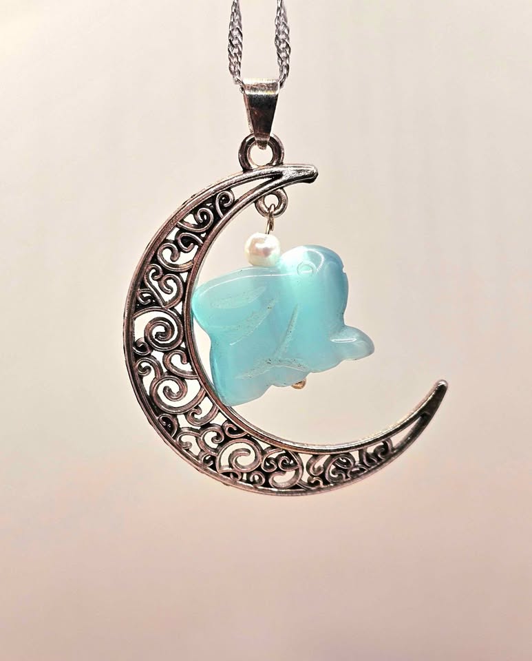 Beautiful hanging cat eye stone rabbit with moon crystal pendant necklace — My Aura Gemstones