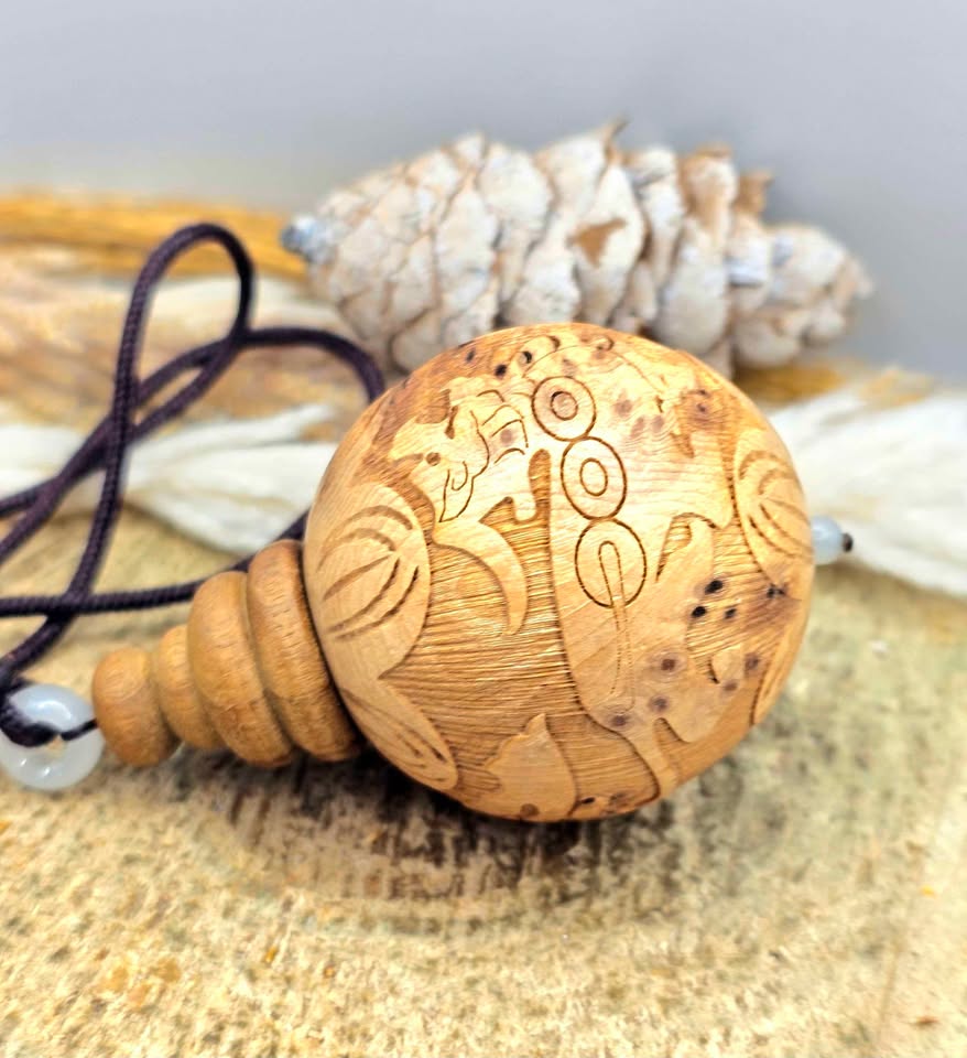 Jumbo natural wood Feng Shui pendant with Pi Xiu, lotus, and wealth coin carvings on adjustable braided necklace - My Aura Gemstones