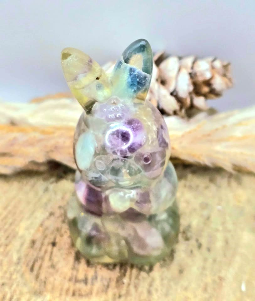Natural Fluorite Crystal chips blessing rabbit crystal decor figurine top view — My Aura Gemstones