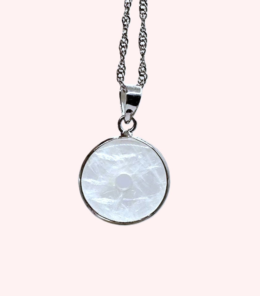 Natural clear crystal donut pendant with metal wrap, Ping An Kou peace amulet necklace, 0.7 inch-My Aura Gemstones