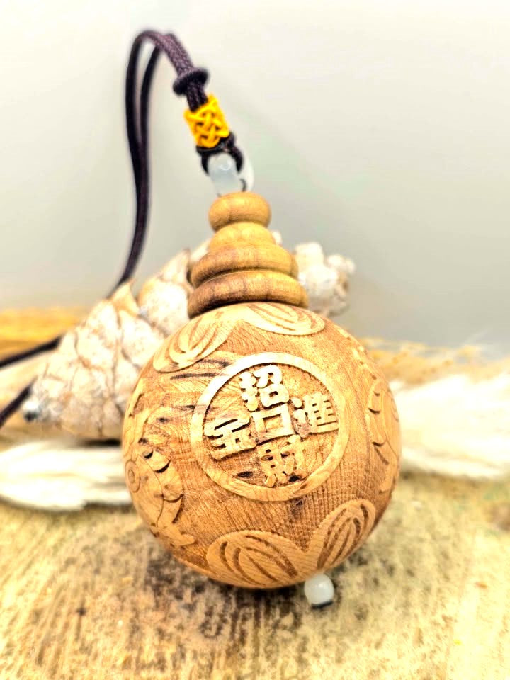 Jumbo natural wood Feng Shui pendant with Pi Xiu, lotus, and wealth coin carvings on adjustable braided necklace - My Aura Gemstones