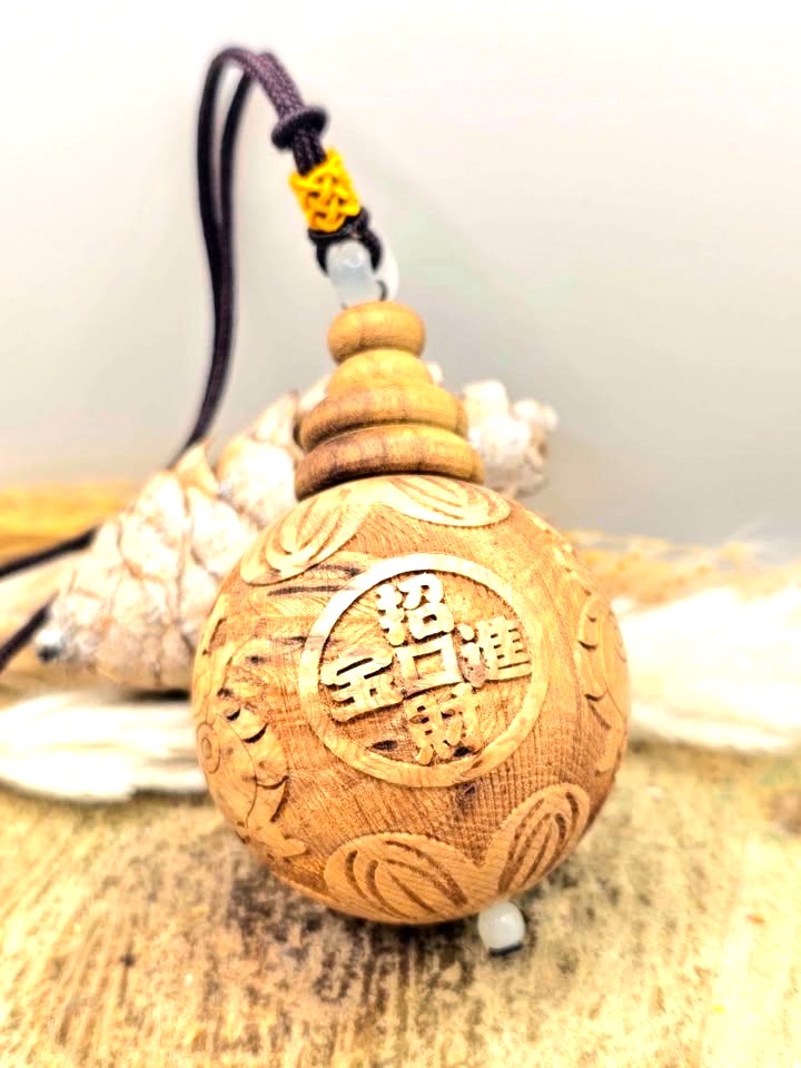 Jumbo natural wood Feng Shui pendant with Pi Xiu, lotus, and wealth coin carvings on adjustable braided necklace - My Aura Gemstones