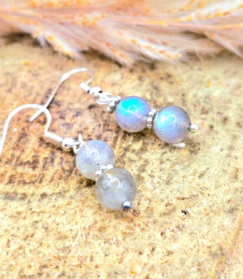 Natural labradorite flashy double round beads 925 dangle crystal earring — My Aura Gemstones