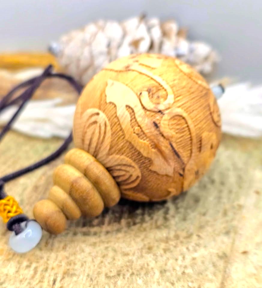 Jumbo natural wood Feng Shui pendant with Pi Xiu, lotus, and wealth coin carvings on adjustable braided necklace - My Aura Gemstones