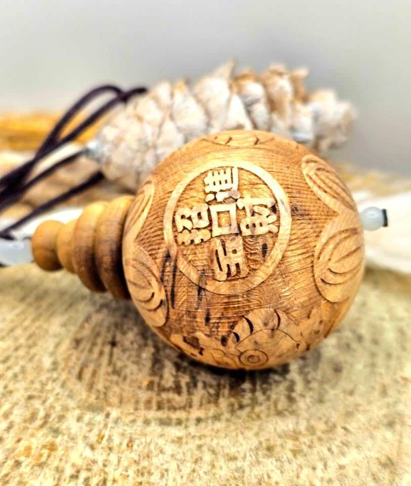Jumbo natural wood Feng Shui pendant with Pi Xiu, lotus, and wealth coin carvings on adjustable braided necklace - My Aura Gemstones
