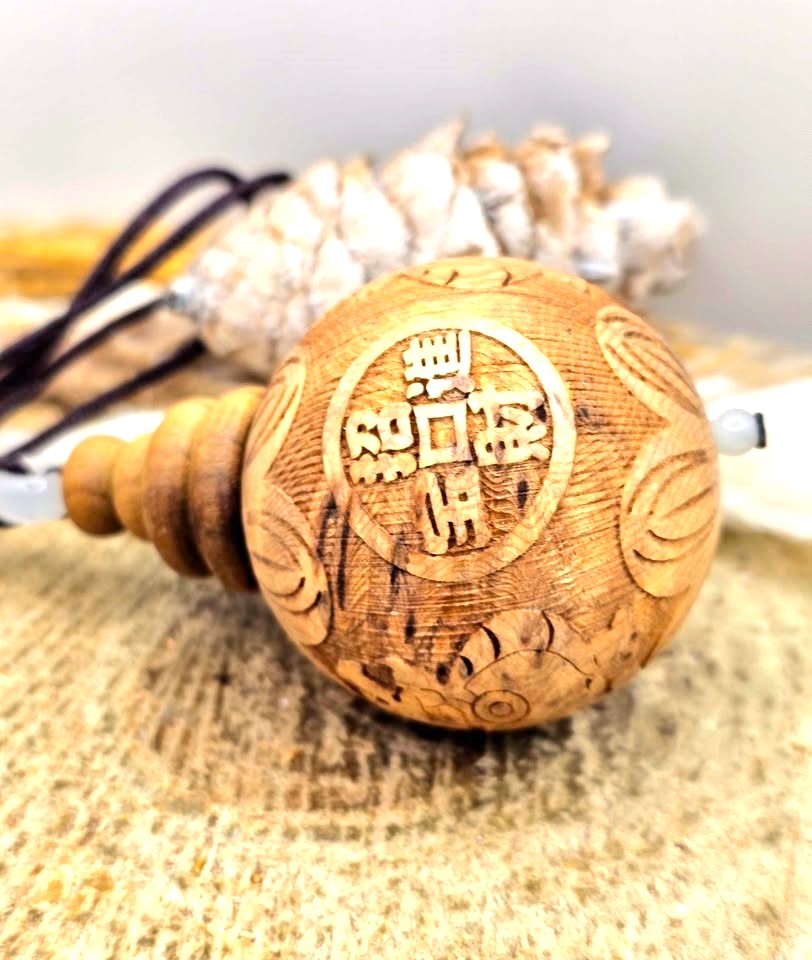Jumbo natural wood Feng Shui pendant with Pi Xiu, lotus, and wealth coin carvings on adjustable braided necklace - My Aura Gemstones