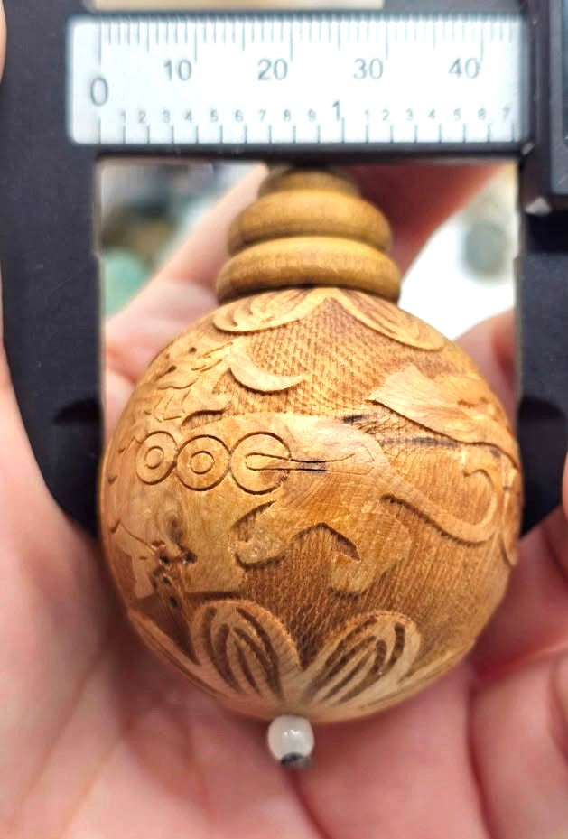 Jumbo natural wood Feng Shui pendant with Pi Xiu, lotus, and wealth coin carvings on adjustable braided necklace - My Aura Gemstones