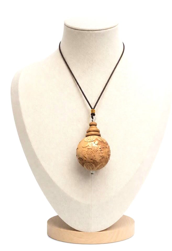 Jumbo natural wood Feng Shui pendant with Pi Xiu, lotus, and wealth coin carvings on adjustable braided necklace - My Aura Gemstones