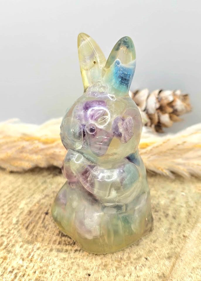 Natural Fluorite Crystal chips blessing rabbit crystal decor figurine side view — My Aura Gemstones