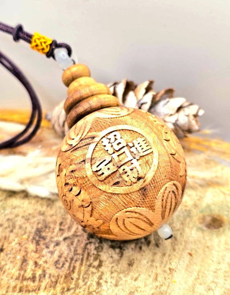 Jumbo natural wood Feng Shui pendant with Pi Xiu, lotus, and wealth coin carvings on adjustable braided necklace - My Aura Gemstones