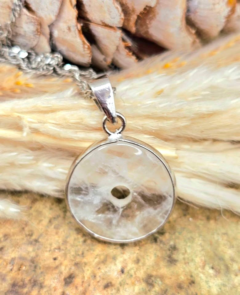 Natural clear crystal donut pendant with metal wrap, Ping An Kou peace amulet necklace, 0.7 inch-My Aura Gemstones