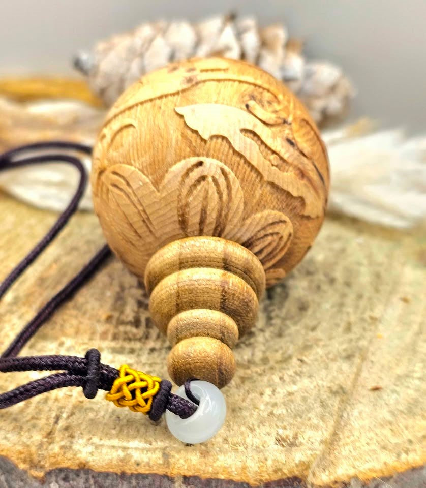 Jumbo natural wood Feng Shui pendant with Pi Xiu, lotus, and wealth coin carvings on adjustable braided necklace - My Aura Gemstones