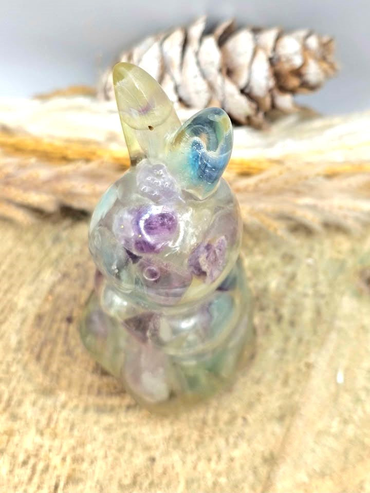 Natural Fluorite Crystal chips blessing rabbit crystal decor figurine top side view — My Aura Gemstones