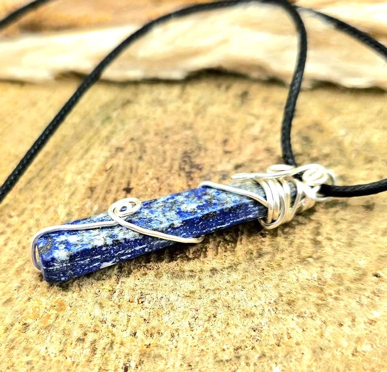 Natural lapis lazuli bar pendant with blue, grey, and gold pyrite tones, wrapped in handcrafted silver wire, 2.1-inch gemstone necklace -My Aura Gemstones 