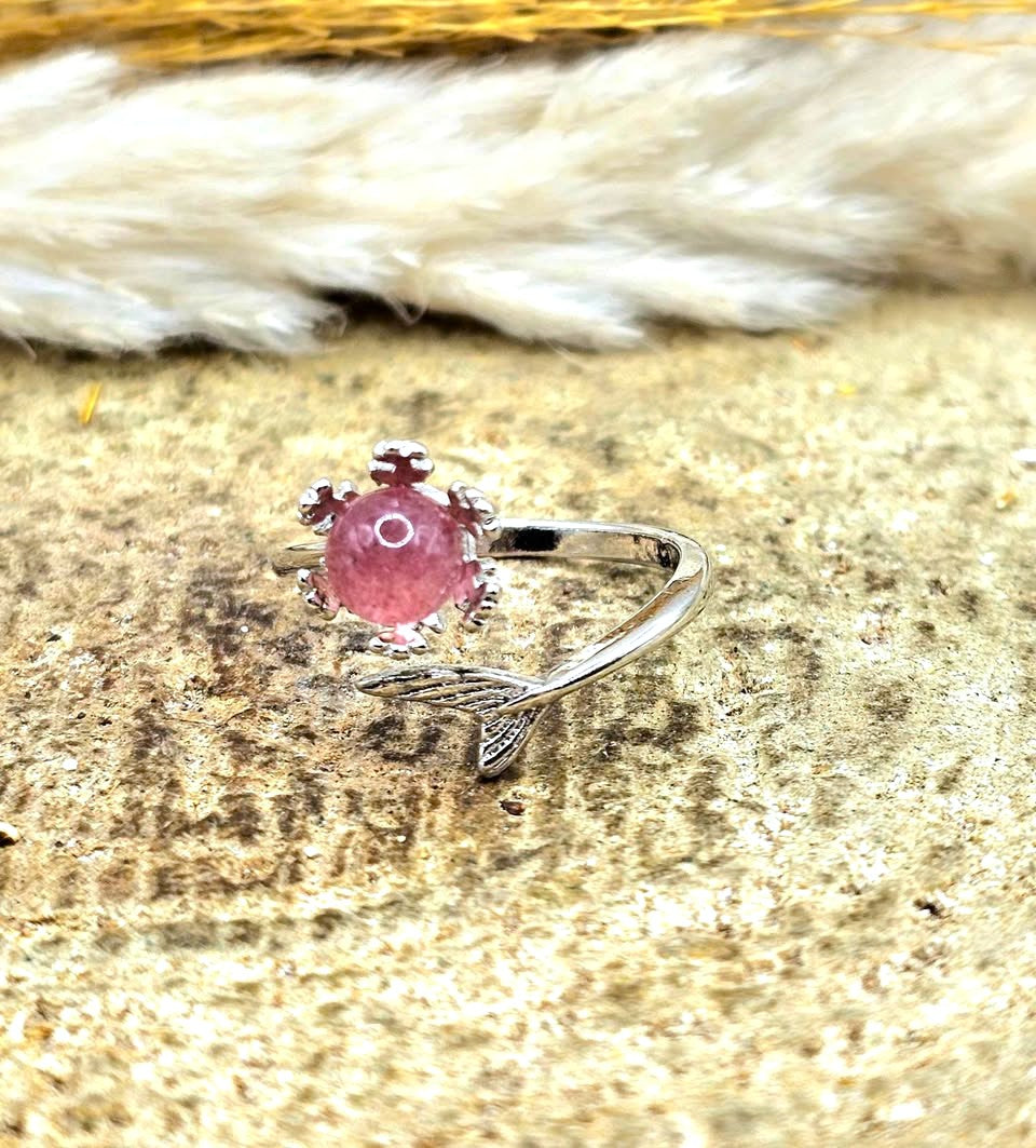 Natural strawberry quartz sphere ring with silver‑tone mermaid tail open band-My Aura Gemstones