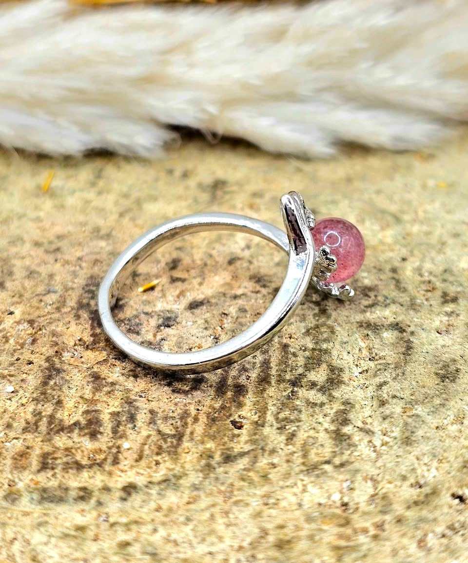 Natural strawberry quartz sphere ring with silver‑tone mermaid tail open band-My Aura Gemstones