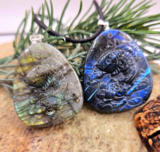 Nature Labradorite Carved Flashy Lotus & Carp Pendant Necklace