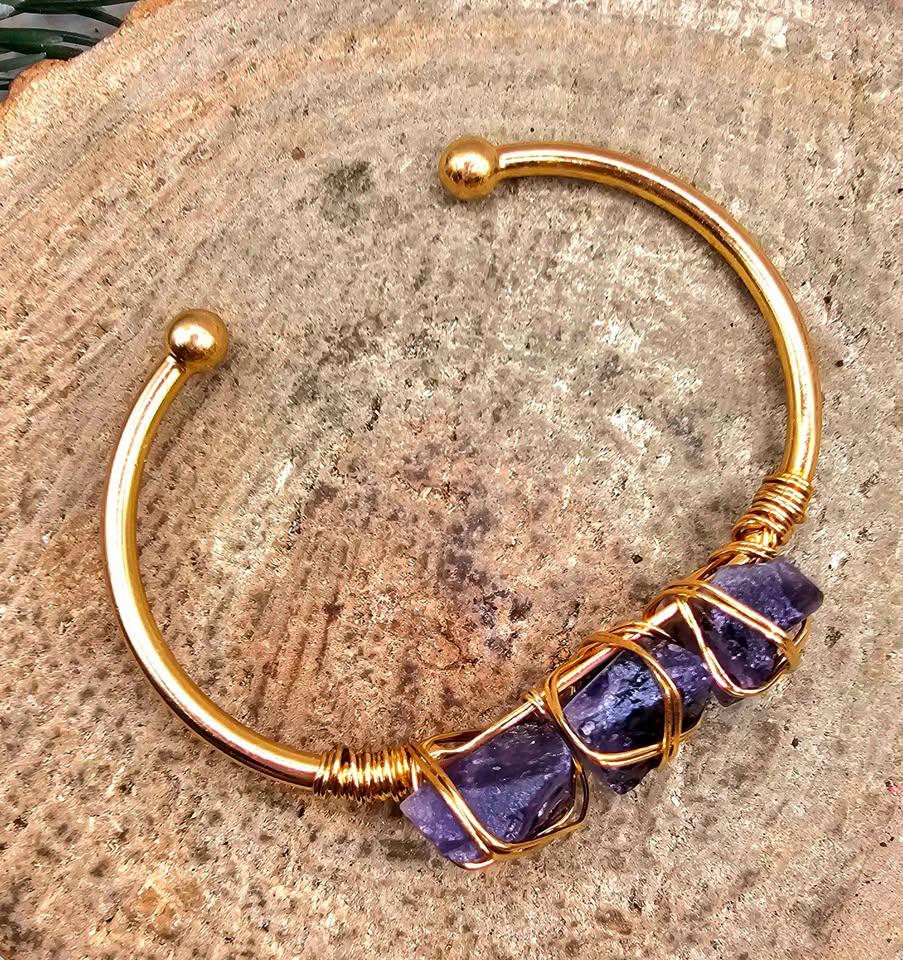 Nature Amethyst Polished Stone Wire Wrapped Open Bangle