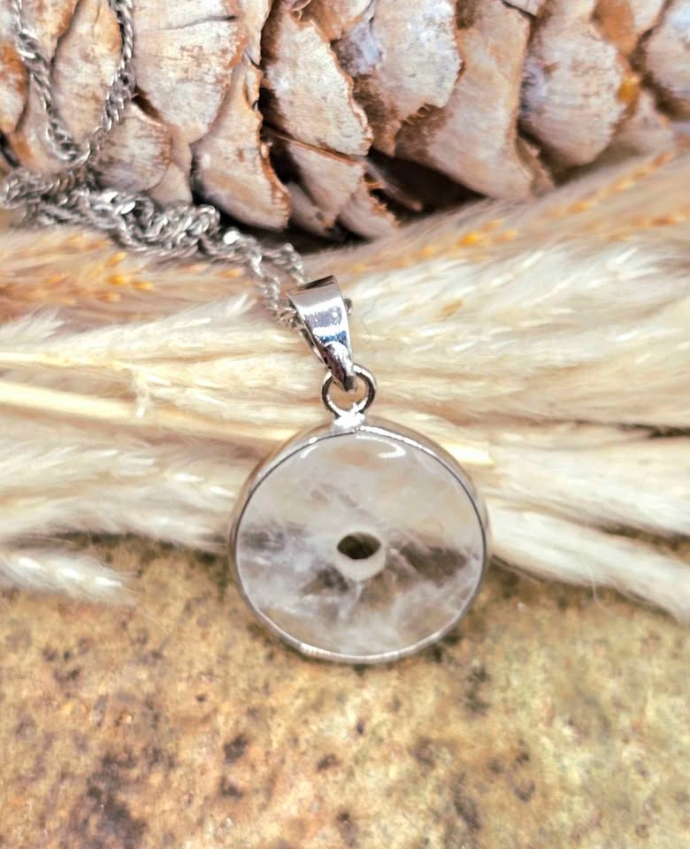 Natural clear crystal donut pendant with metal wrap, Ping An Kou peace amulet necklace, 0.7 inch-My Aura Gemstones
