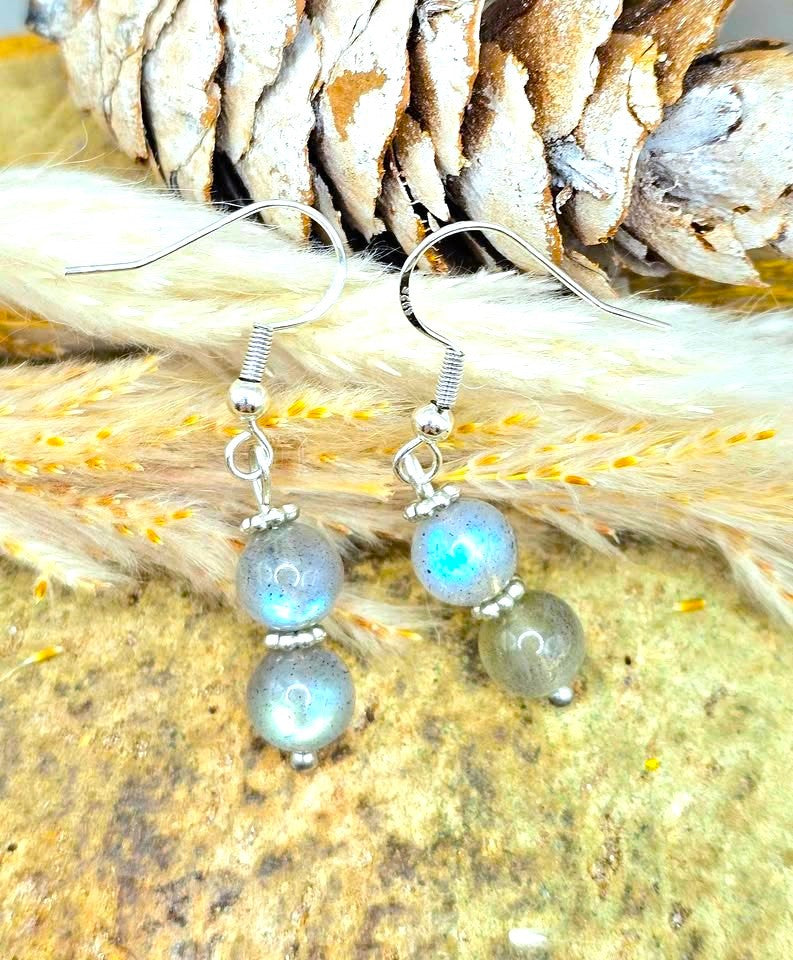 Natural labradorite flashy double round beads 925 dangle crystal earring — My Aura Gemstones