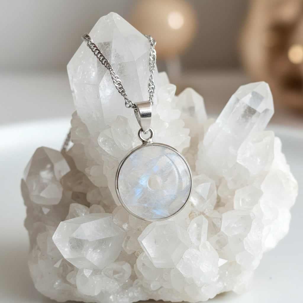 Natural clear crystal donut pendant with metal wrap, Ping An Kou peace amulet necklace, 0.7 inch-My Aura Gemstones
