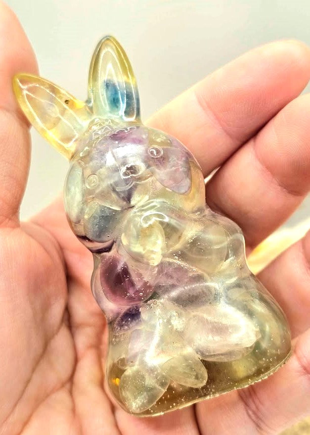 Natural Fluorite Crystal chips blessing rabbit crystal decor figurine holding by hand — My Aura Gemstones