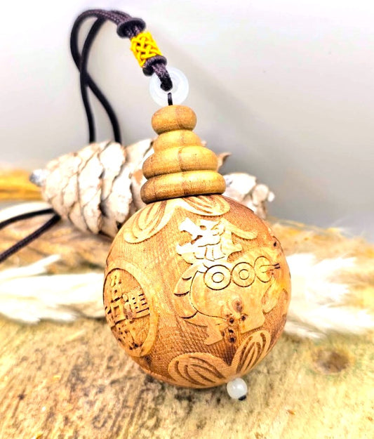 Jumbo natural wood Feng Shui pendant with Pi Xiu, lotus, and wealth coin carvings on adjustable braided necklace - My Aura Gemstones