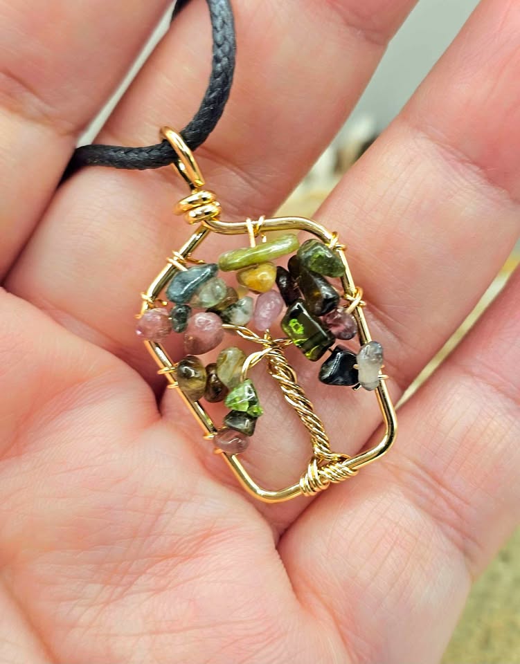 Hand‑crafted tourmaline crystal tree pendant with mixed‑color gemstone chips in a gold‑tone frame - My Aura Gemstones