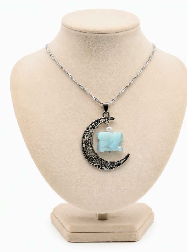 Beautiful hanging cat eye stone rabbit with moon crystal pendant necklace — My Aura Gemstones