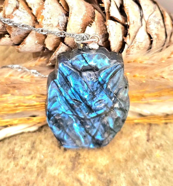 Labradorite carved sitting nine tails fox pendant necklace profile view — My Aura Gemstones