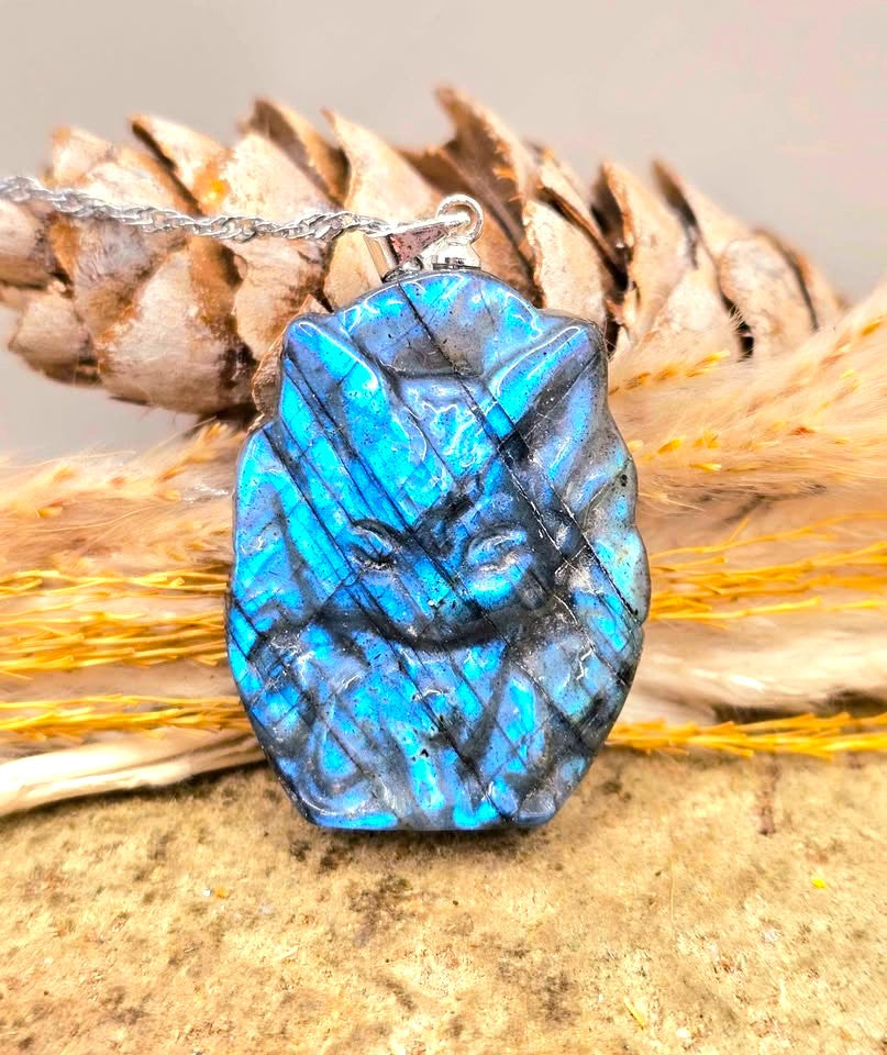 Labradorite carved sitting nine tails fox pendant necklace top view — My Aura Gemstones