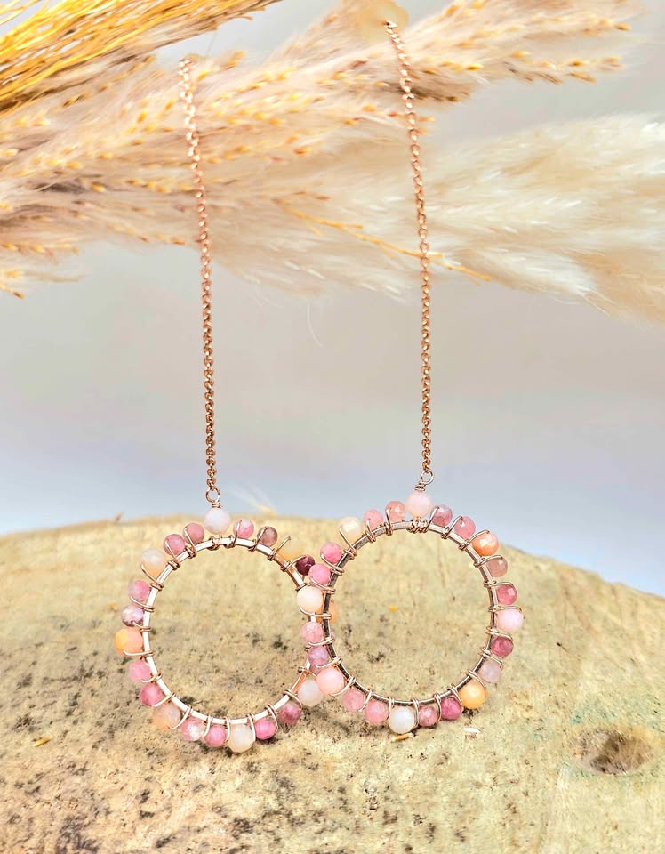 Pink plum blossom tourmaline faceted  threader earrings back detail — My Aura Gemstones