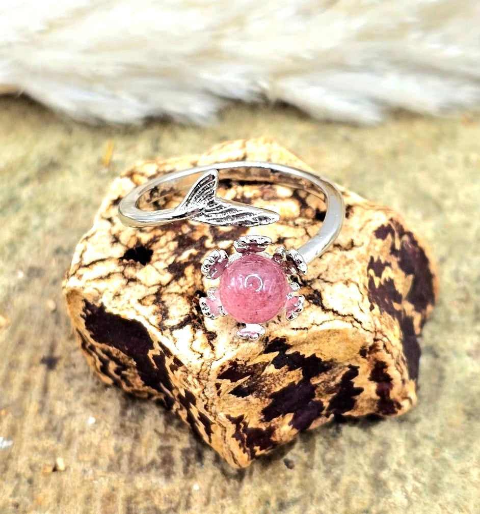 Natural strawberry quartz sphere ring with silver‑tone mermaid tail open band-My Aura Gemstones