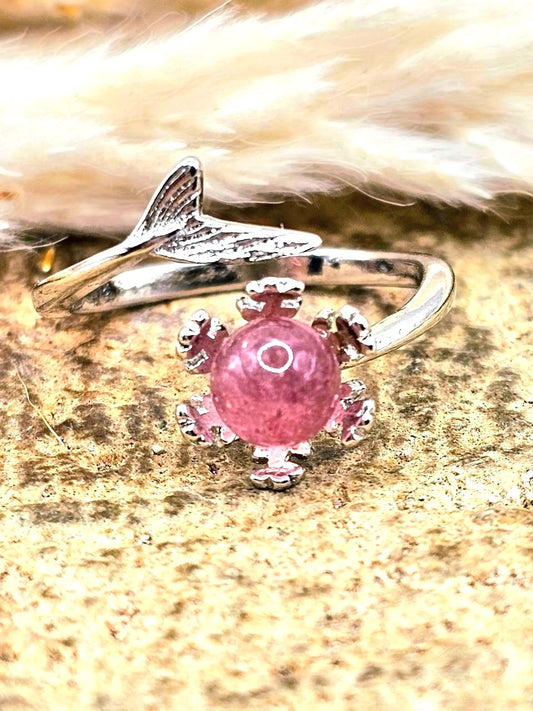 Natural strawberry quartz sphere ring with silver‑tone mermaid tail open band-My Aura Gemstones