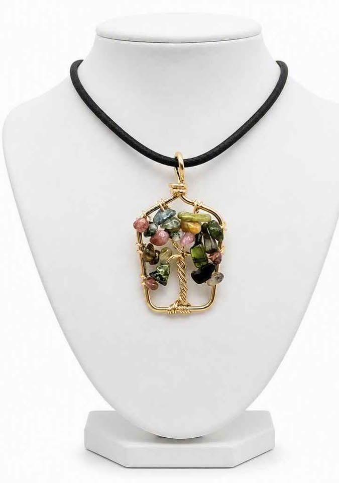 Hand‑crafted tourmaline crystal tree pendant with mixed‑color gemstone chips in a gold‑tone frame - My Aura Gemstones