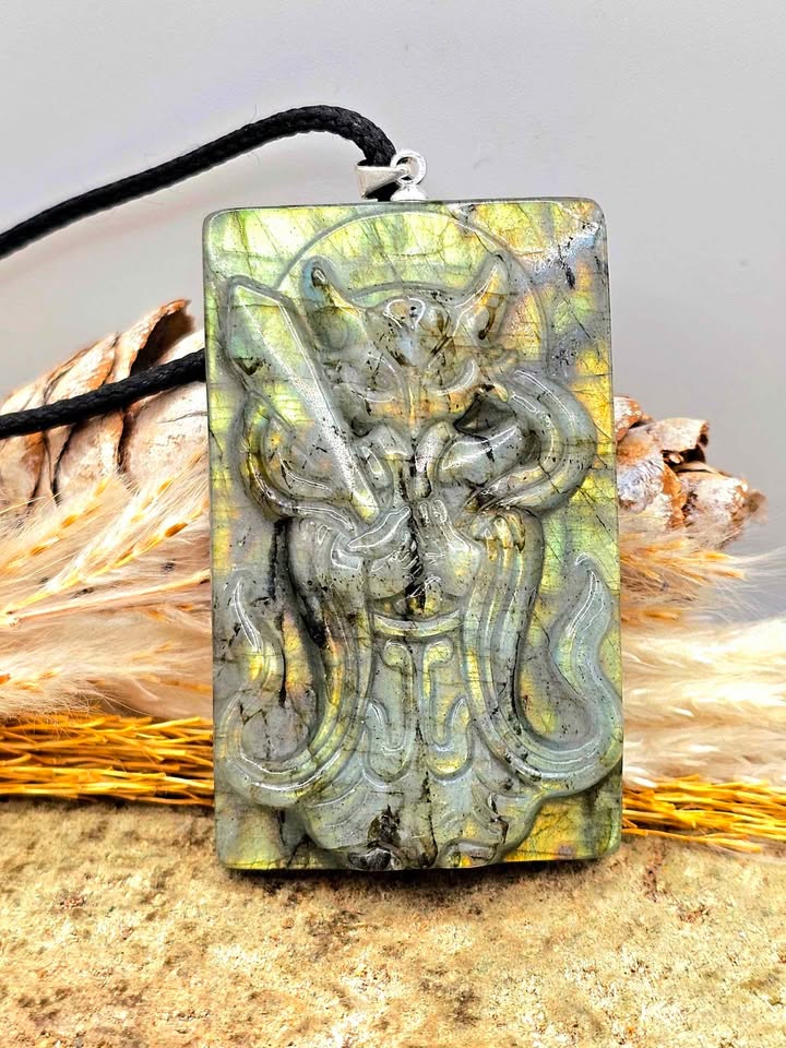 AA rectangular carved pendant necklace featuring a fox warrior god figure made from nature labradorite front view-My Aura Gemstones