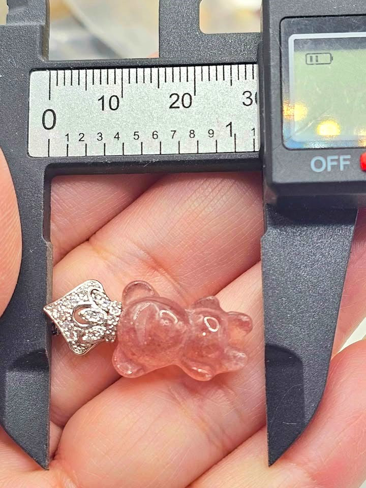 Hand‑carved strawberry quartz standing bear pendant with silver‑tone crown on adjustable 18–20 inch chain- My Aura Gemstones
