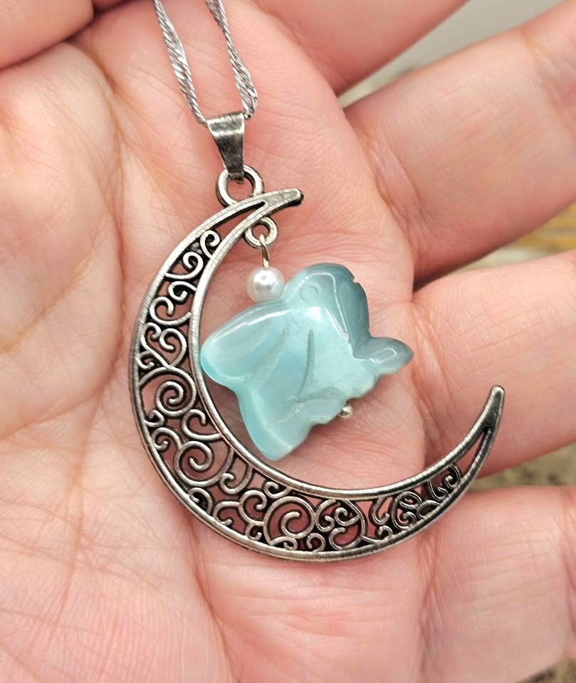 Cat eye stone rabbit with moon charm pendant necklace size reference — My Aura Gemstones