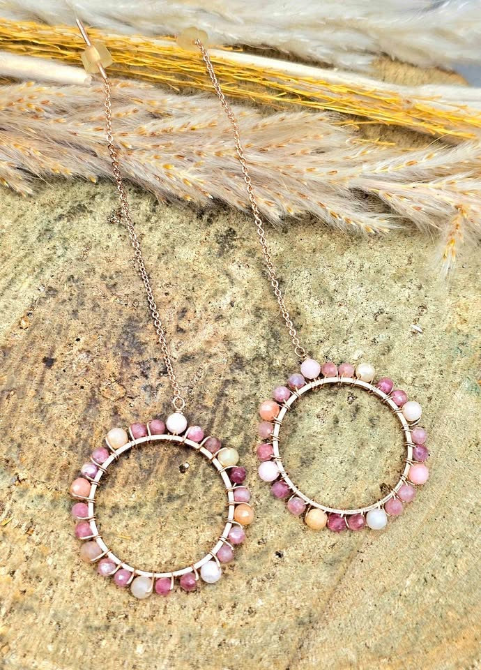 Pink plum blossom tourmaline faceted  threader earrings back detail — My Aura Gemstones