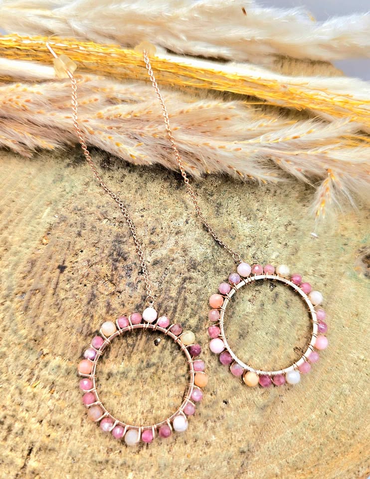 Pink plum blossom tourmaline faceted  threader earrings back detail — My Aura Gemstones