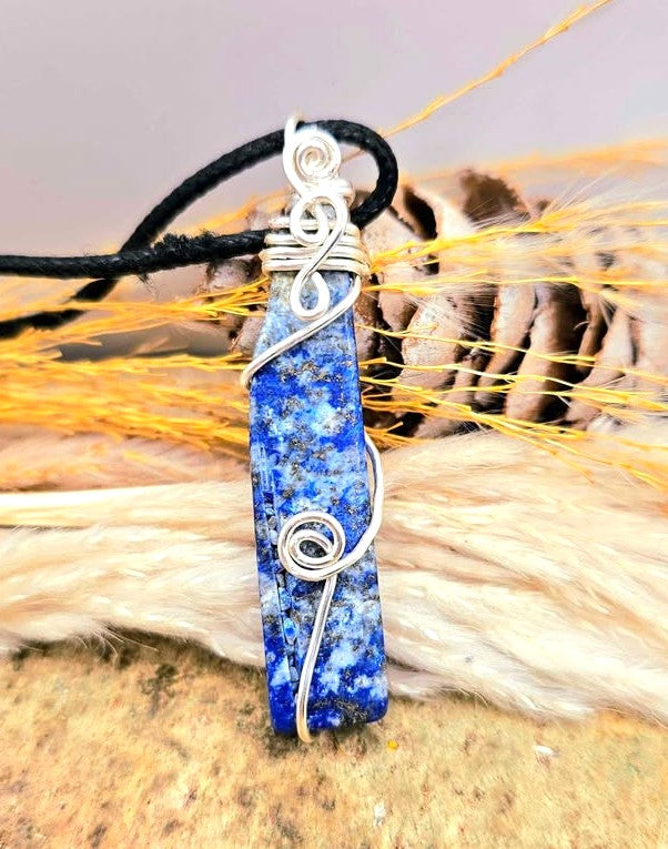 Natural lapis lazuli bar pendant with blue, grey, and gold pyrite tones, wrapped in handcrafted silver wire, 2.1-inch gemstone necklace -My Aura Gemstones 
