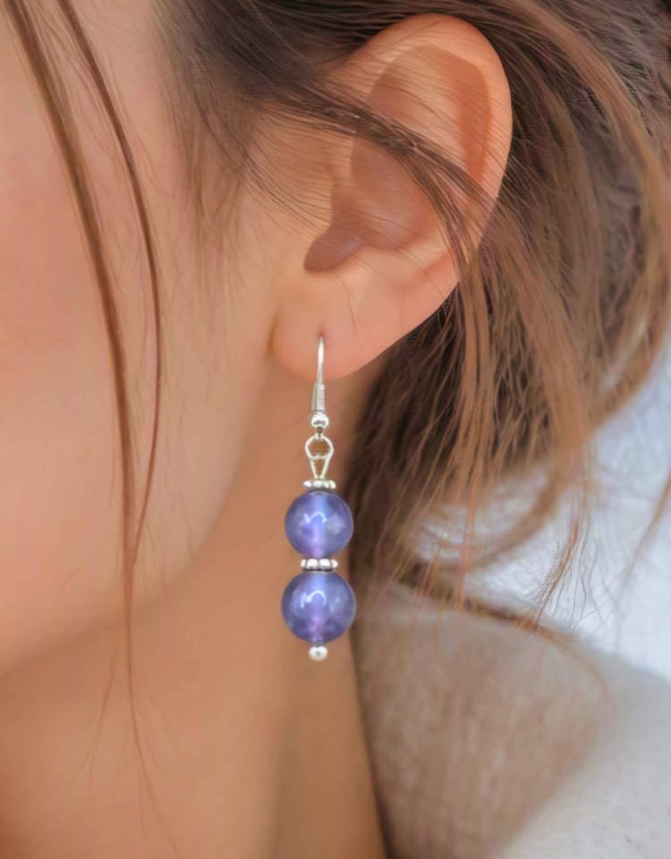 Handcrafted purple fluorite dangle earrings with 7mm lavender‑to‑violet beads, silver‑tone spacers, and S925 stamped fishhook ear wires.-My Aura Gemstones