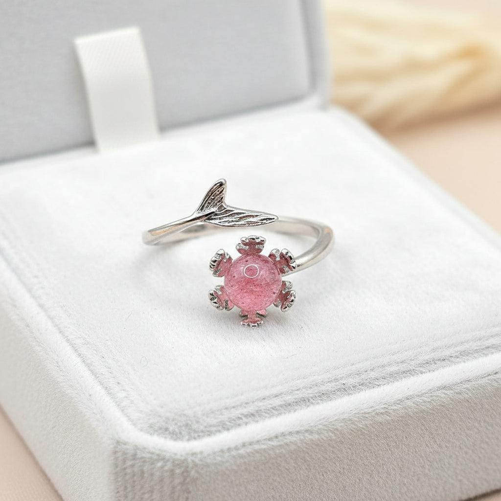 Natural strawberry quartz sphere ring with silver‑tone mermaid tail open band-My Aura Gemstones