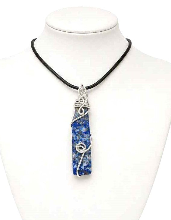 Natural lapis lazuli bar pendant with blue, grey, and gold pyrite tones, wrapped in handcrafted silver wire, 2.1-inch gemstone necklace -My Aura Gemstones 